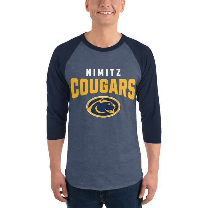 Man wearing Nimitz High School Cougars Unisex 3/4 Sleeve Raglan T-shirt 234