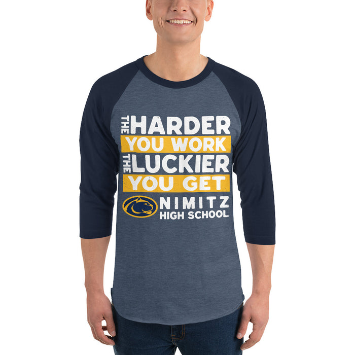 Man wearing Nimitz High School Cougars Unisex 3/4 Sleeve Raglan T-shirt 238