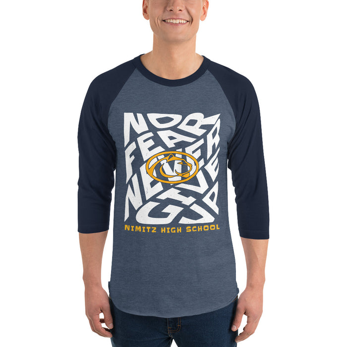 Man wearing Nimitz High School Cougars Unisex 3/4 Sleeve Raglan T-shirt 236
