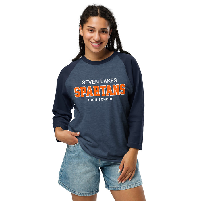 Woman wearing Seven Lakes High School Spartans Unisex 3/4 sleeve Raglan T-shirt 002