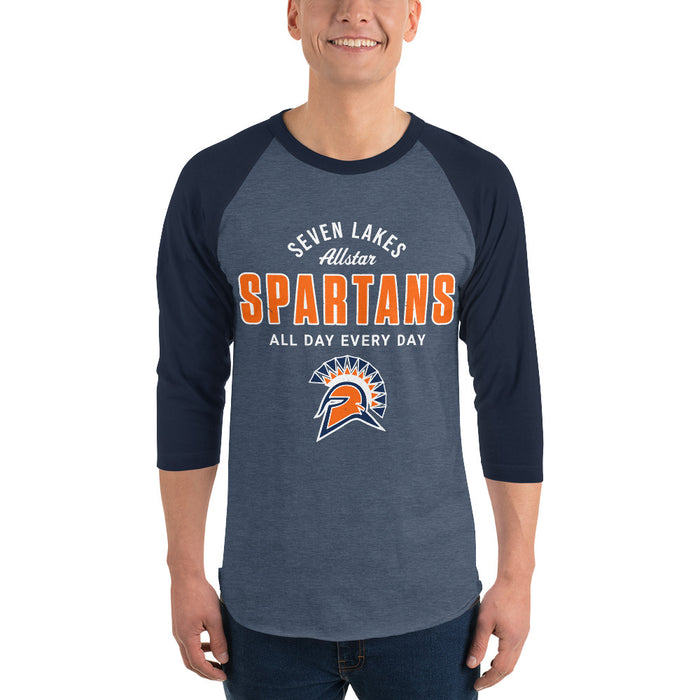 Man wearing Seven Lakes High School Spartans Unisex 3/4 sleeve Raglan T-shirt 040