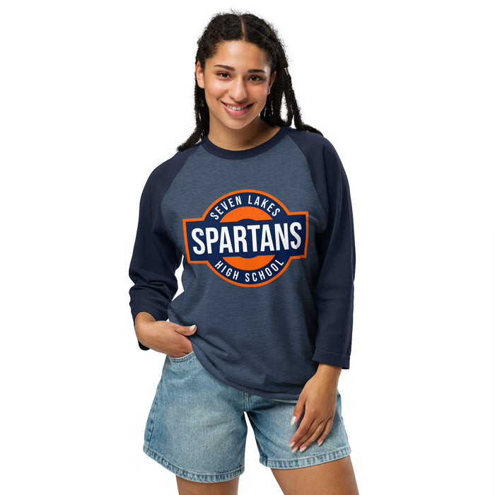 Woman wearing Seven Lakes High School Spartans Unisex 3/4 sleeve Raglan T-shirt 011