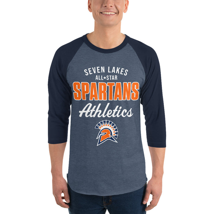 Man wearing Seven Lakes High School Spartans Unisex 3/4 sleeve Raglan T-shirt 034