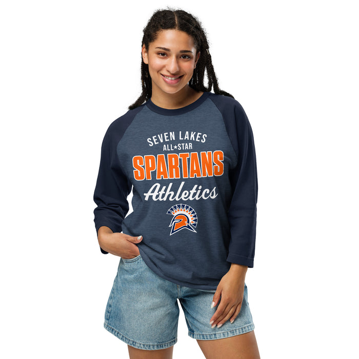 Woman wearing Seven Lakes High School Spartans Unisex 3/4 sleeve Raglan T-shirt 034