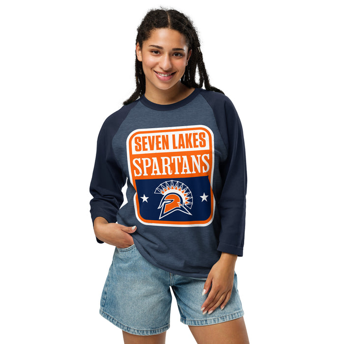 Woman wearing Seven Lakes High School Spartans Unisex 3/4 sleeve Raglan T-shirt 001