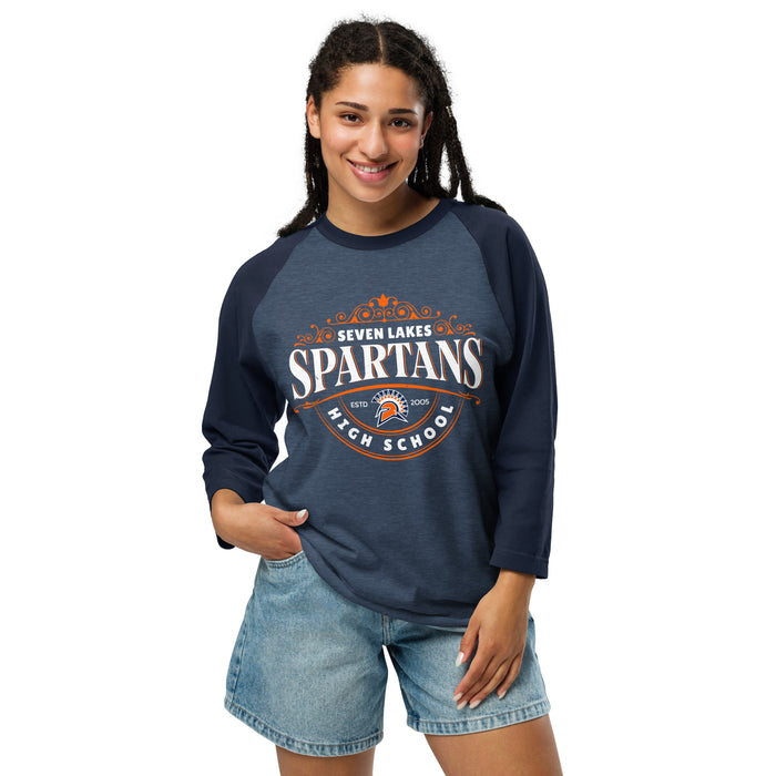 Woman wearing Seven Lakes High School Spartans Unisex 3/4 sleeve Raglan T-shirt 211