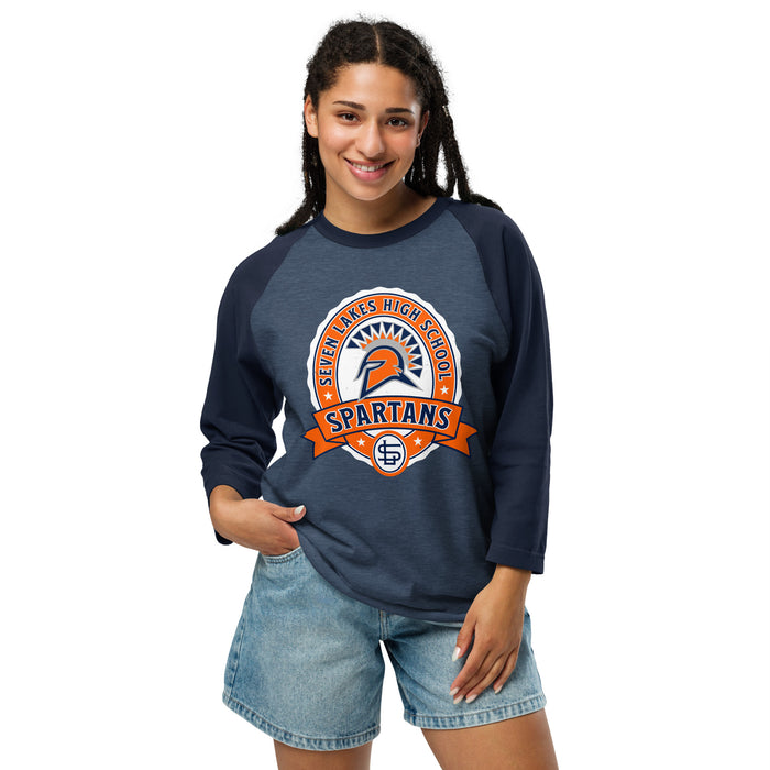 Woman wearing Seven Lakes High School Spartans Unisex 3/4 sleeve Raglan T-shirt 212