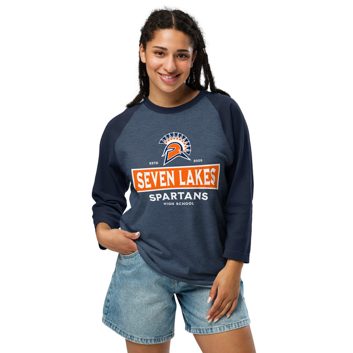 Woman wearing Seven Lakes High School Spartans Unisex 3/4 sleeve Raglan T-shirt 202