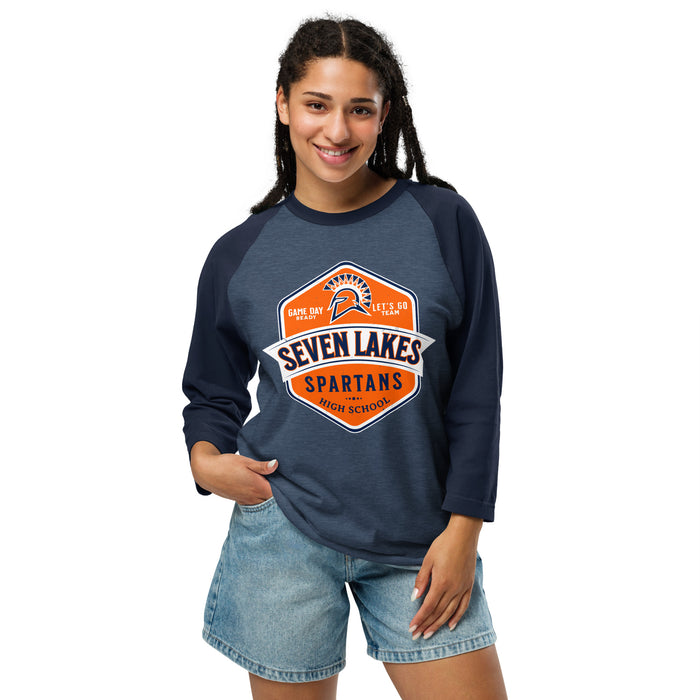 Woman wearing Seven Lakes High School Spartans Unisex 3/4 sleeve Raglan T-shirt 209