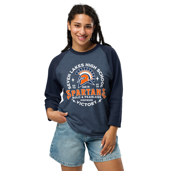 Woman wearing Seven Lakes High School Spartans Unisex 3/4 sleeve Raglan T-shirt 206