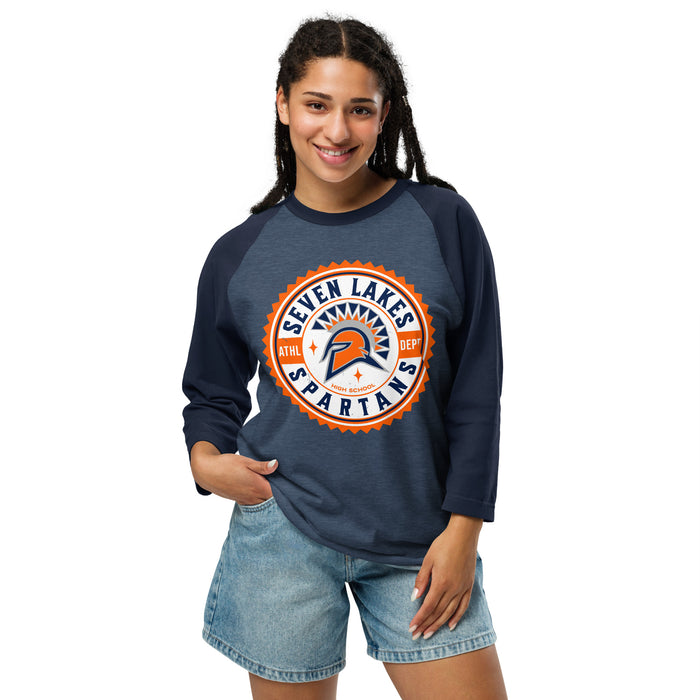 Woman wearing Seven Lakes High School Spartans Unisex 3/4 sleeve Raglan T-shirt 203