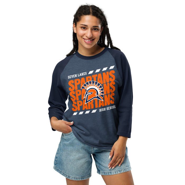 Woman wearing Seven Lakes High School Spartans Unisex 3/4 sleeve Raglan T-shirt 223