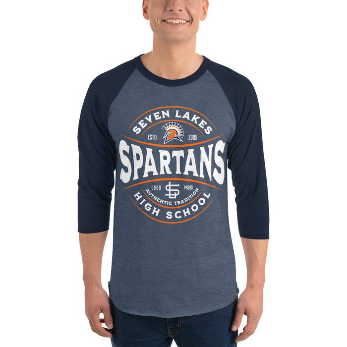 Man wearing Seven Lakes High School Spartans Unisex 3/4 sleeve Raglan T-shirt 218