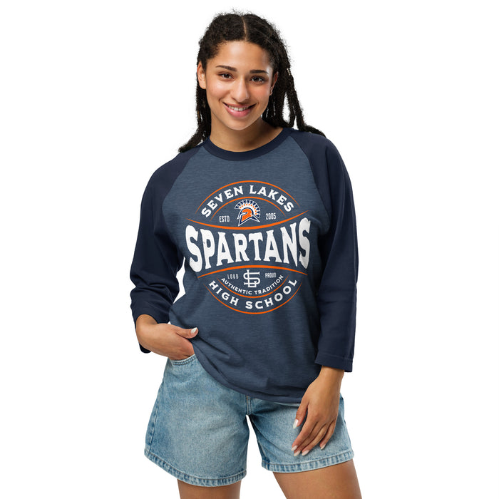 Woman wearing Seven Lakes High School Spartans Unisex 3/4 sleeve Raglan T-shirt 218