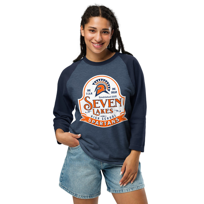 Woman wearing Seven Lakes High School Spartans Unisex 3/4 sleeve Raglan T-shirt 219