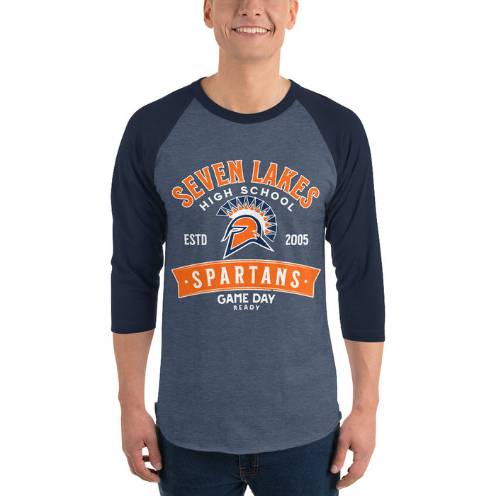 Man wearing Seven Lakes High School Spartans Unisex 3/4 sleeve Raglan T-shirt 221