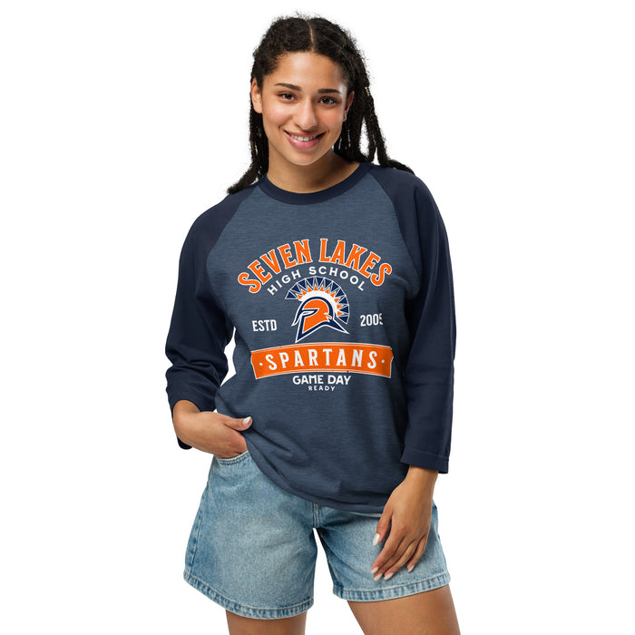Woman wearing Seven Lakes High School Spartans Unisex 3/4 sleeve Raglan T-shirt 221