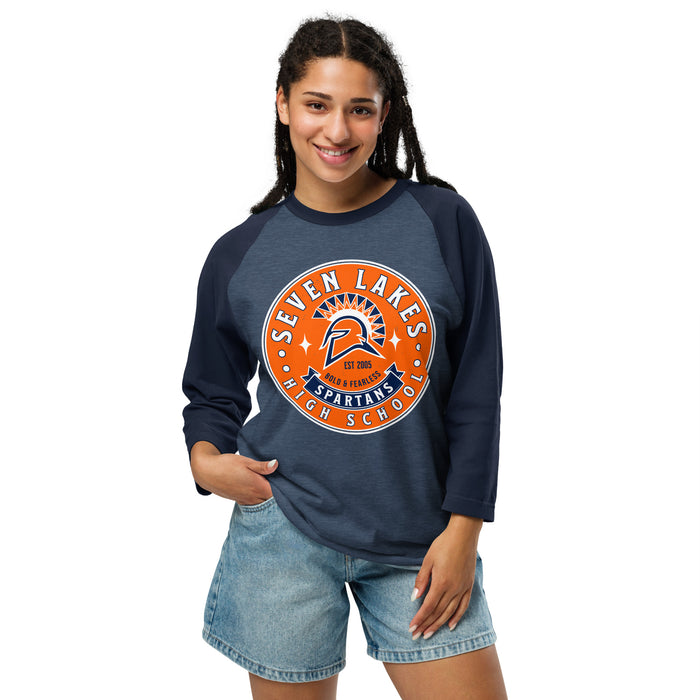 Woman wearing Seven Lakes High School Spartans Unisex 3/4 sleeve Raglan T-shirt 215