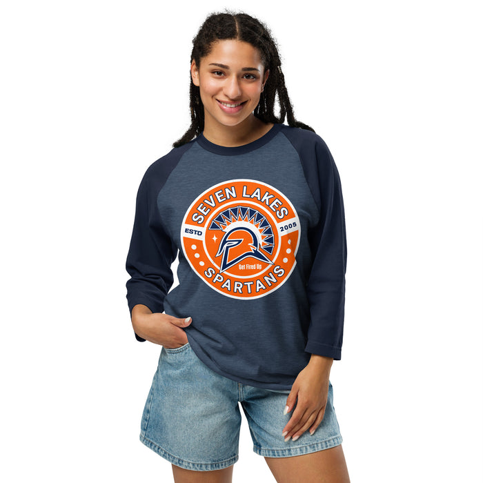 Woman wearing Seven Lakes High School Spartans Unisex 3/4 sleeve Raglan T-shirt 239