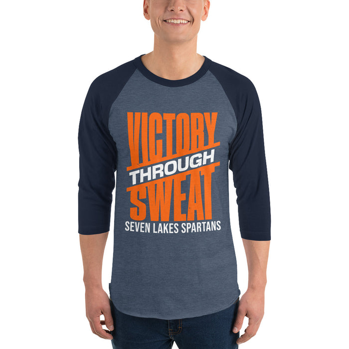 Man wearing Seven Lakes High School Spartans Unisex 3/4 sleeve Raglan T-shirt 241