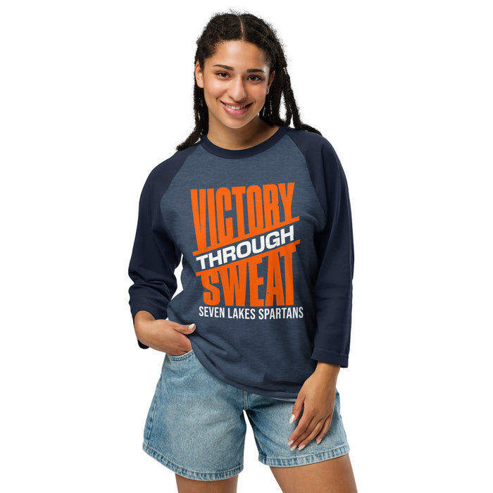 Woman wearing Seven Lakes High School Spartans Unisex 3/4 sleeve Raglan T-shirt 241