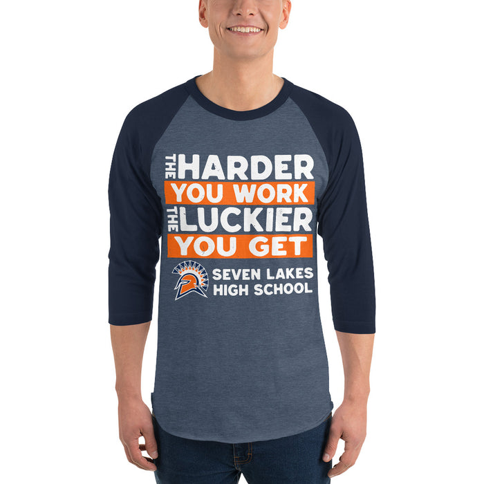 Man wearing Seven Lakes High School Spartans Unisex 3/4 sleeve Raglan T-shirt 238