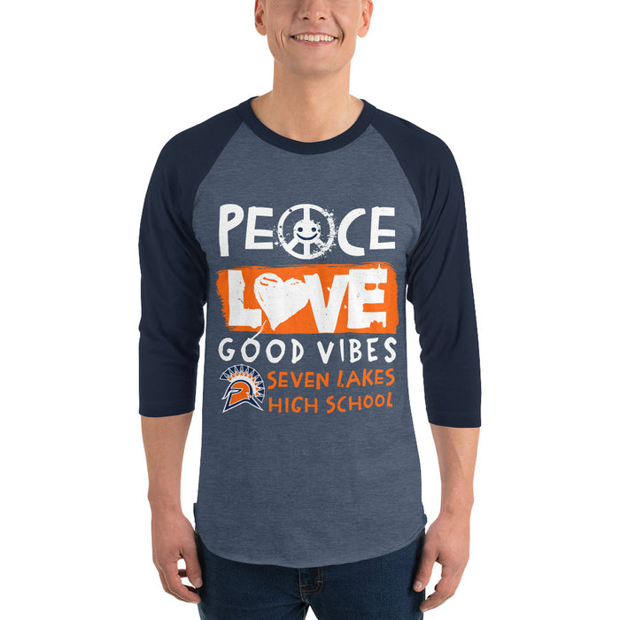 Man wearing Seven Lakes High School Spartans Unisex 3/4 sleeve Raglan T-shirt 240