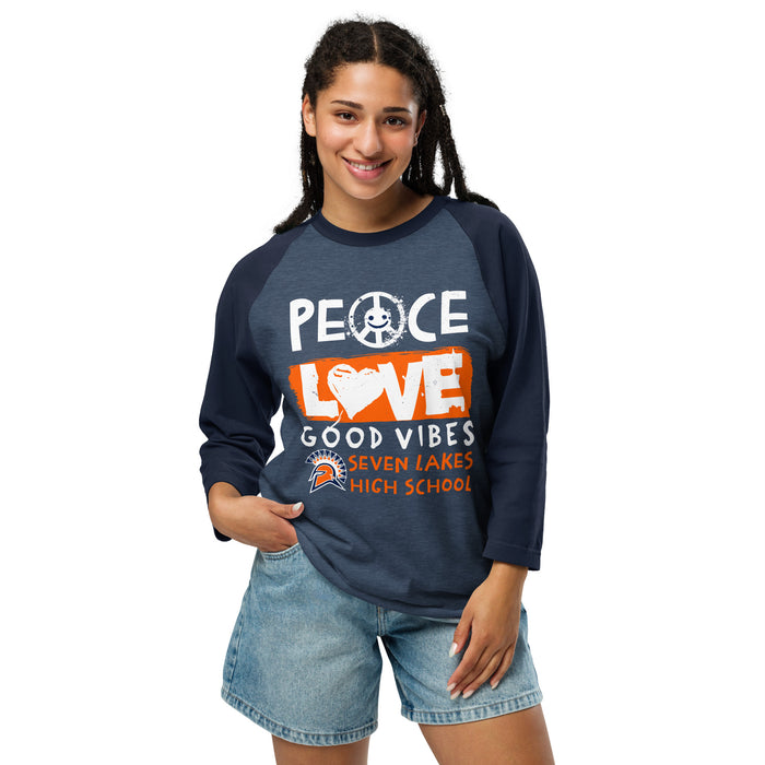 Woman wearing Seven Lakes High School Spartans Unisex 3/4 sleeve Raglan T-shirt 240