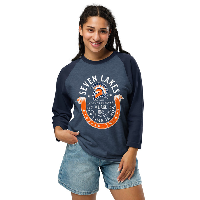 Woman wearing Seven Lakes High School Spartans Unisex 3/4 sleeve Raglan T-shirt 229