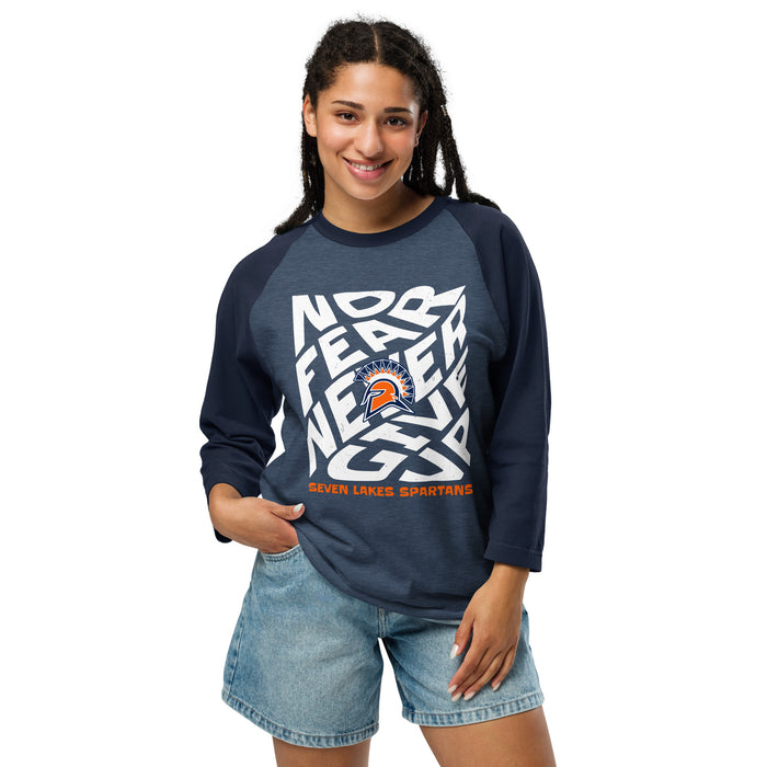 Woman wearing Seven Lakes High School Spartans Unisex 3/4 sleeve Raglan T-shirt 236