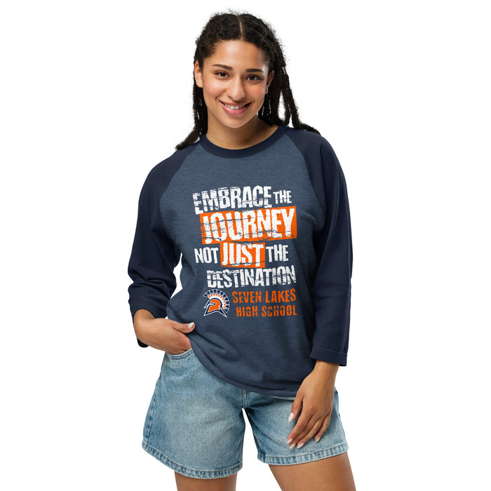 Woman wearing Seven Lakes High School Spartans Unisex 3/4 sleeve Raglan T-shirt 232