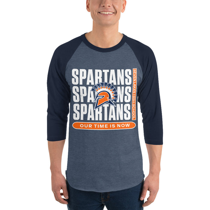 Man wearing Seven Lakes High School Spartans Unisex 3/4 sleeve Raglan T-shirt 235