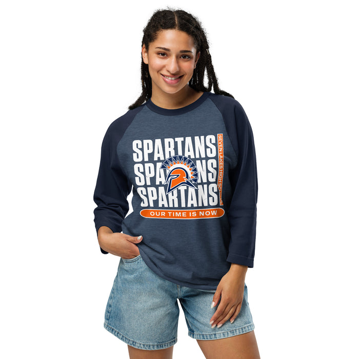 Woman wearing Seven Lakes High School Spartans Unisex 3/4 sleeve Raglan T-shirt 235