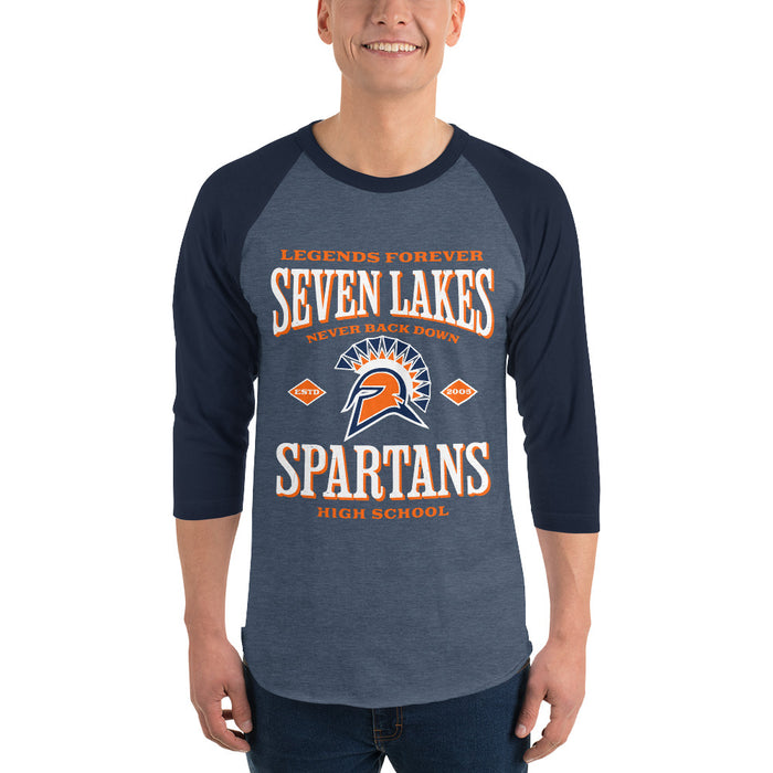 Man wearing Seven Lakes High School Spartans Unisex 3/4 sleeve Raglan T-shirt 230
