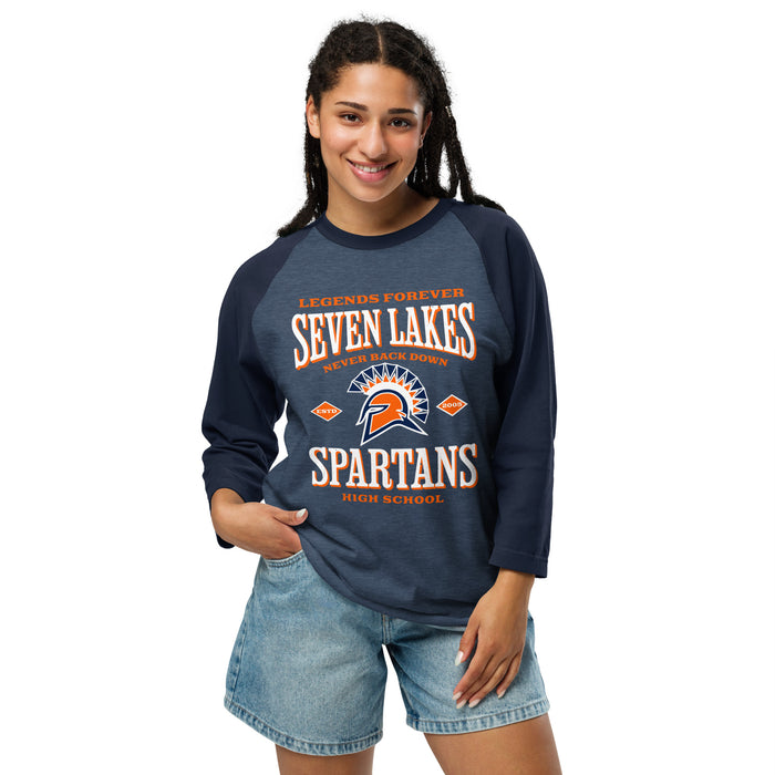 Woman wearing Seven Lakes High School Spartans Unisex 3/4 sleeve Raglan T-shirt 230