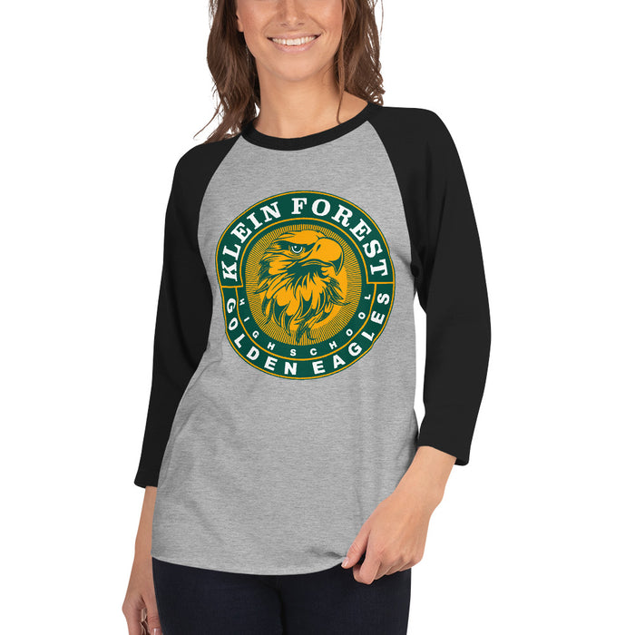 Woman wearing a Klein Forest High School Unisex 3/4 Sleeve Raglan T-shirt 02