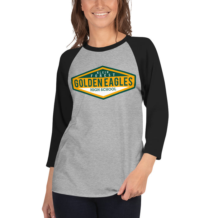 Woman wearing a Klein Forest High School Unisex 3/4 Sleeve Raglan T-shirt 09