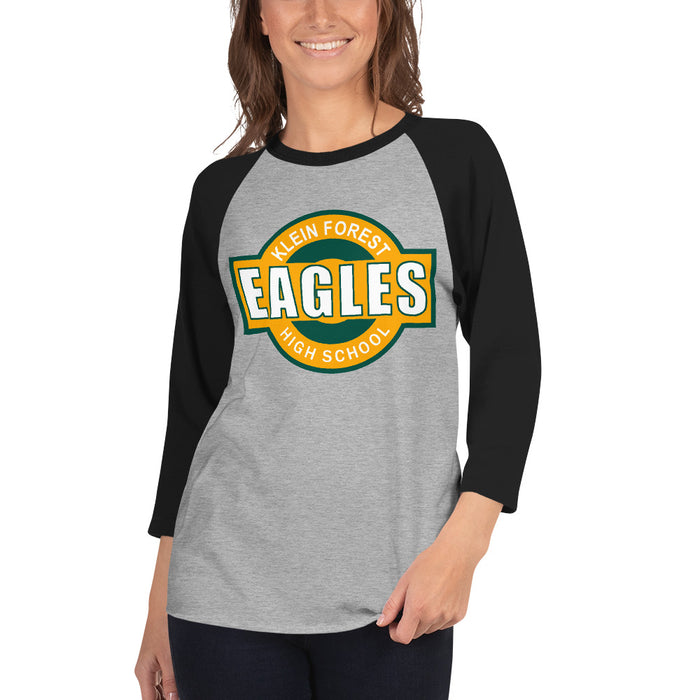 Woman wearing a Klein Forest High School Unisex 3/4 Sleeve Raglan T-shirt 11