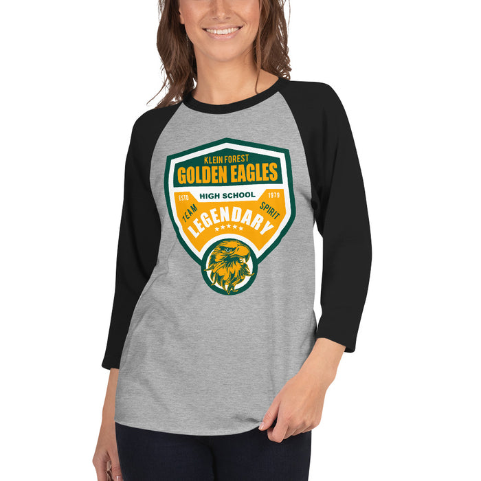 Woman wearing a Klein Forest High School Unisex 3/4 Sleeve Raglan T-shirt 14