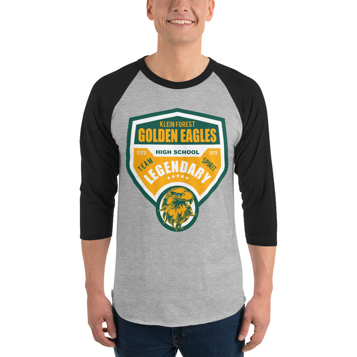 Man wearing a Klein Forest High School Unisex 3/4 Sleeve Raglan T-shirt 14