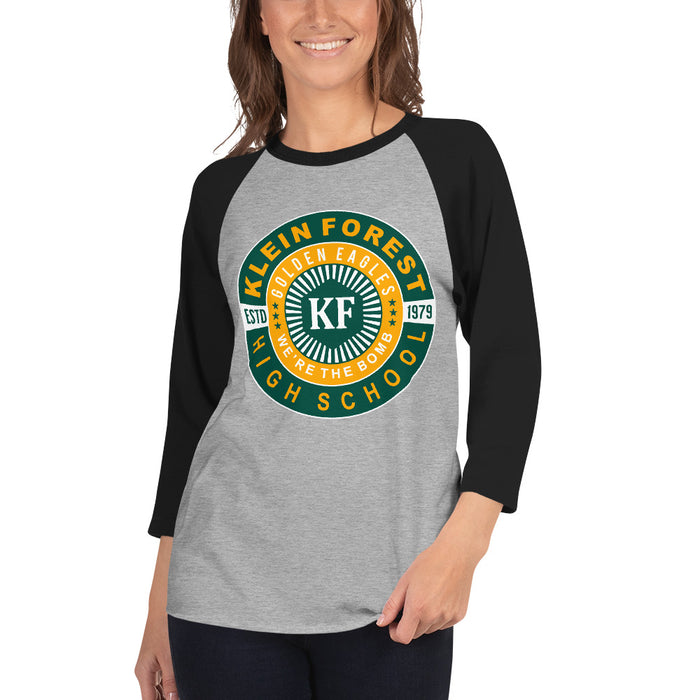 Woman wearing a Klein Forest High School Unisex 3/4 Sleeve Raglan T-shirt 30