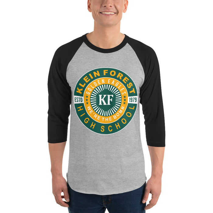 Man wearing a Klein Forest High School Unisex 3/4 Sleeve Raglan T-shirt 30