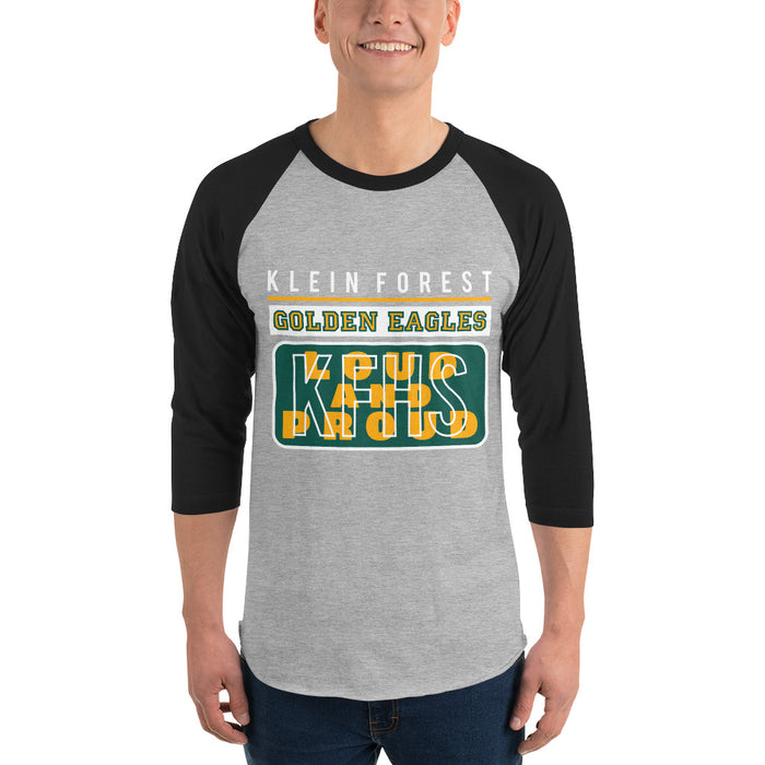 Man wearing a Klein Forest High School Unisex 3/4 Sleeve Raglan T-shirt 86