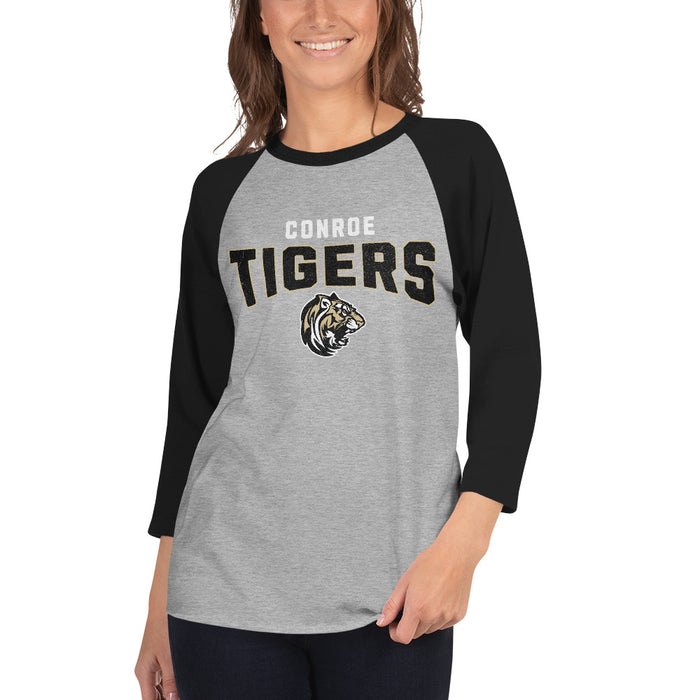 Woman wearing Conroe High School Tigers Unisex 3/4 sleeve Raglan T-shirt 221