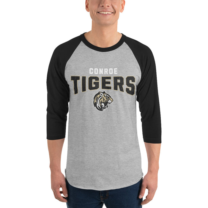 Man wearing Conroe High School Tigers Unisex 3/4 sleeve Raglan T-shirt 221