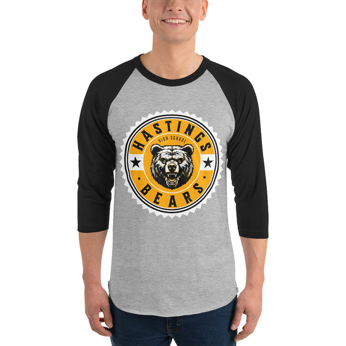 Man wearing Hastings High School Bears Unisex 3/4 sleeve Raglan T-shirt 203