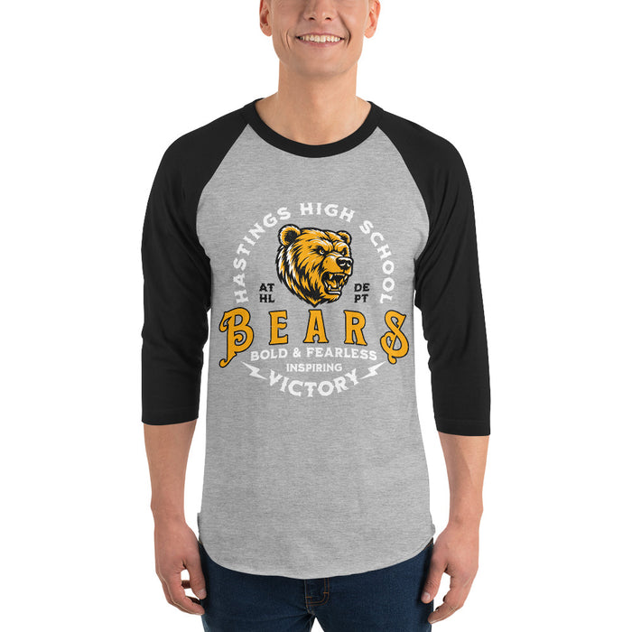 Man wearing Hastings High School Bears Unisex 3/4 sleeve Raglan T-shirt 206