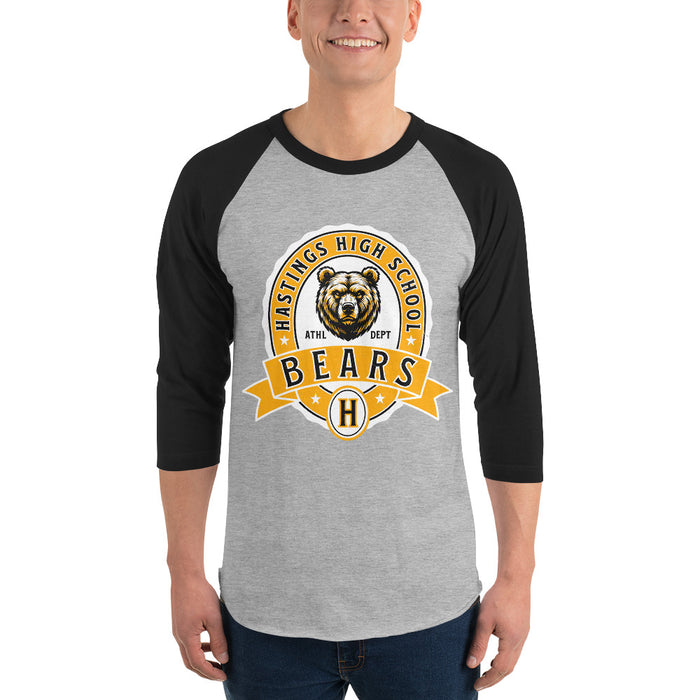 Man wearing Hastings High School Bears Unisex 3/4 sleeve Raglan T-shirt 212