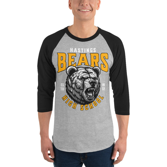 Man wearing Hastings High School Bears Unisex 3/4 sleeve Raglan T-shirt 213