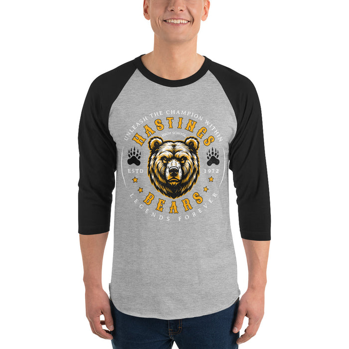 Man wearing Hastings High School Bears Unisex 3/4 sleeve Raglan T-shirt 214